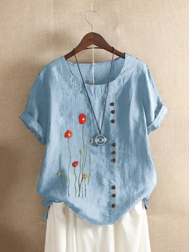 Round Neck Pullover Embroidered Short Sleeved T Shirt Loose Plus Size Women's Clothing Blue - Shop at LoveMi