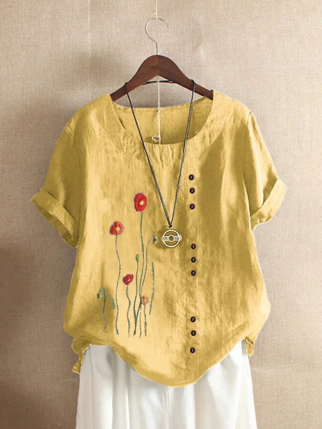 Round Neck Pullover Embroidered Short Sleeved T Shirt Loose Plus Size Women's Clothing Red - Shop at LoveMi