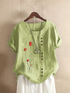 Round Neck Pullover Embroidered Short Sleeved T Shirt Loose Plus Size Women's Clothing - Green - View 1