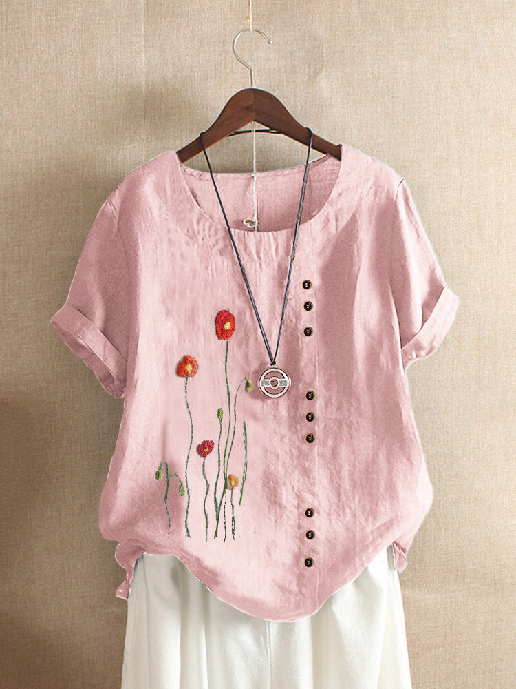 Round Neck Pullover Embroidered Short Sleeved T Shirt Loose Plus Size Women's Clothing Pink - Shop at LoveMi