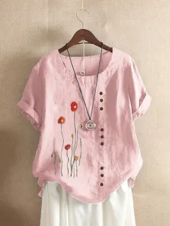 Round Neck Pullover Embroidered Short Sleeved T Shirt Loose Plus Size Women's Clothing - Pink - View 1