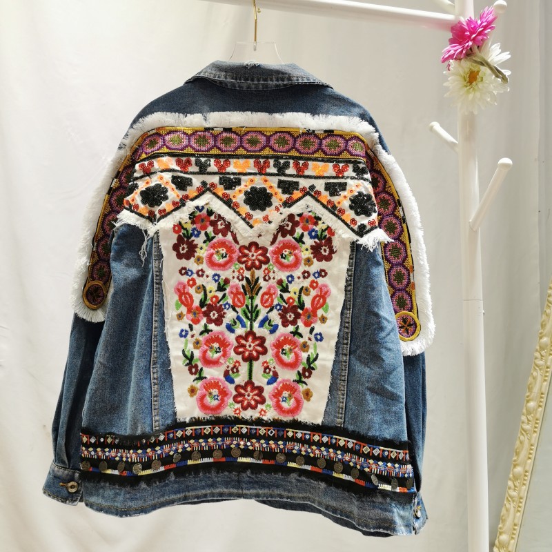 Embroidered Sequined Long-sleeved Denim Jacket