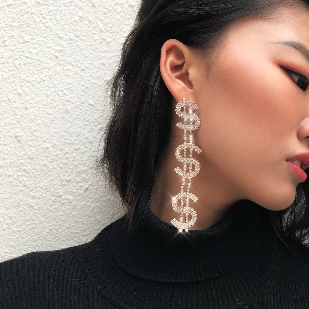 Personality Exaggerated Dollar Rhinestone Earrings Women Fashion Trend Alloy Jewelry