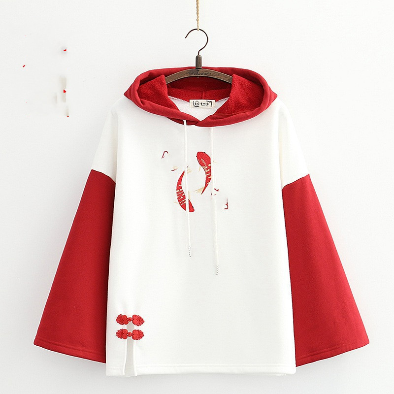 Fleece Women's Hooded Sweatshirt Cartoon Embroidery