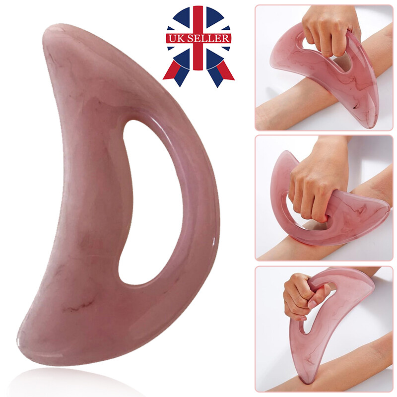 Pink resin body gua sha tool with curved grip hole