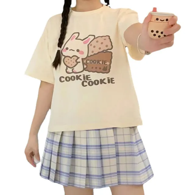 New Cute Harajuku Style Cartoon Print Short Sleeved T Shirt Female Loose Casual Student Top White - Shop at LoveMi
