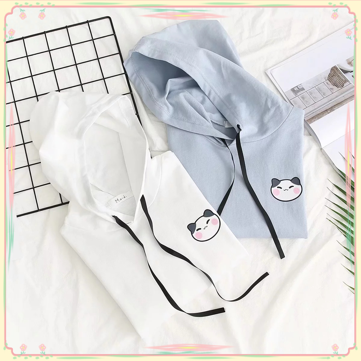 Sweet And Cute Childlike Cat Print Lace Cotton Loose Casual Sweater