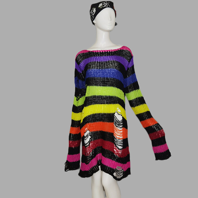 Title 4, Womens Striped Loose Knitwear With Ripped Mid-l...