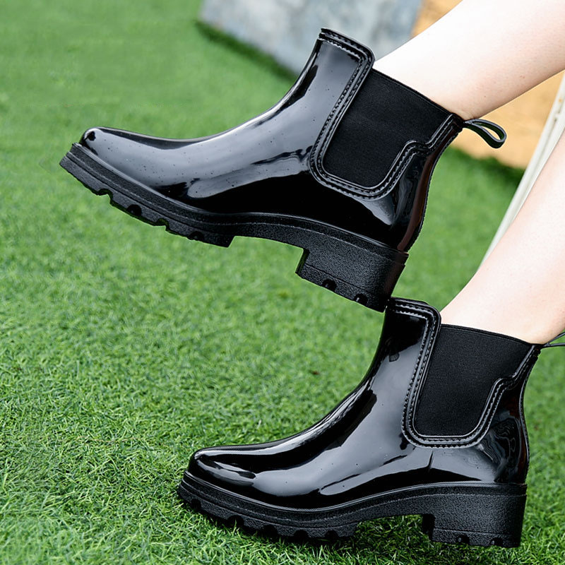 Mid-high Heel Short Tube Shiny Women's Elastic Rain Boots