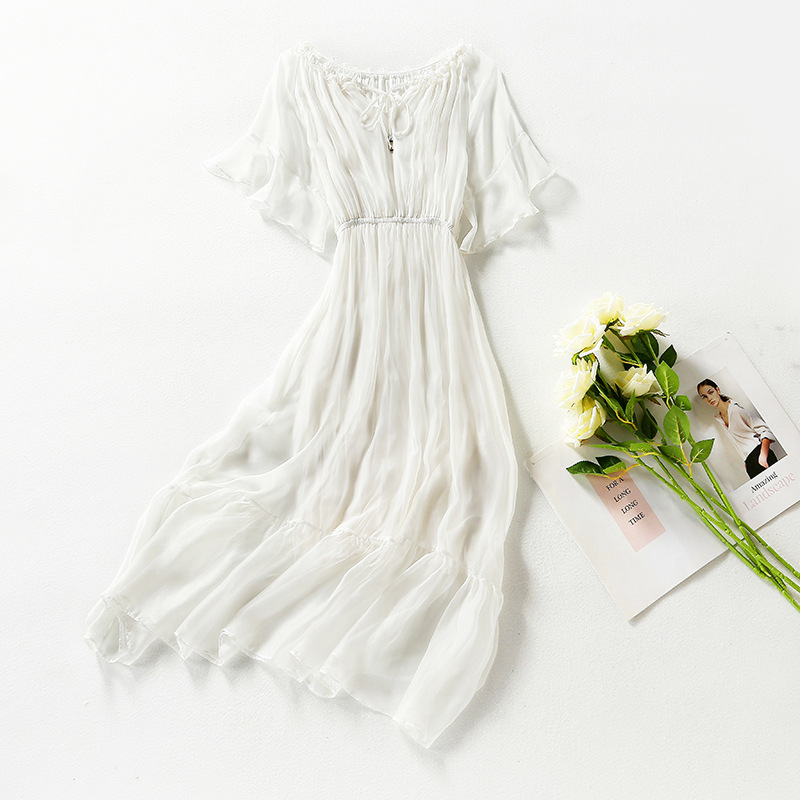 Lace-up Stitching Solid Color Short-sleeved Silk Dress