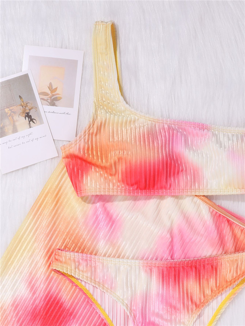 Tie-dye Printed Two-piece Swimsuit Women's Three-piece One-shoulder Lace-up Bikini