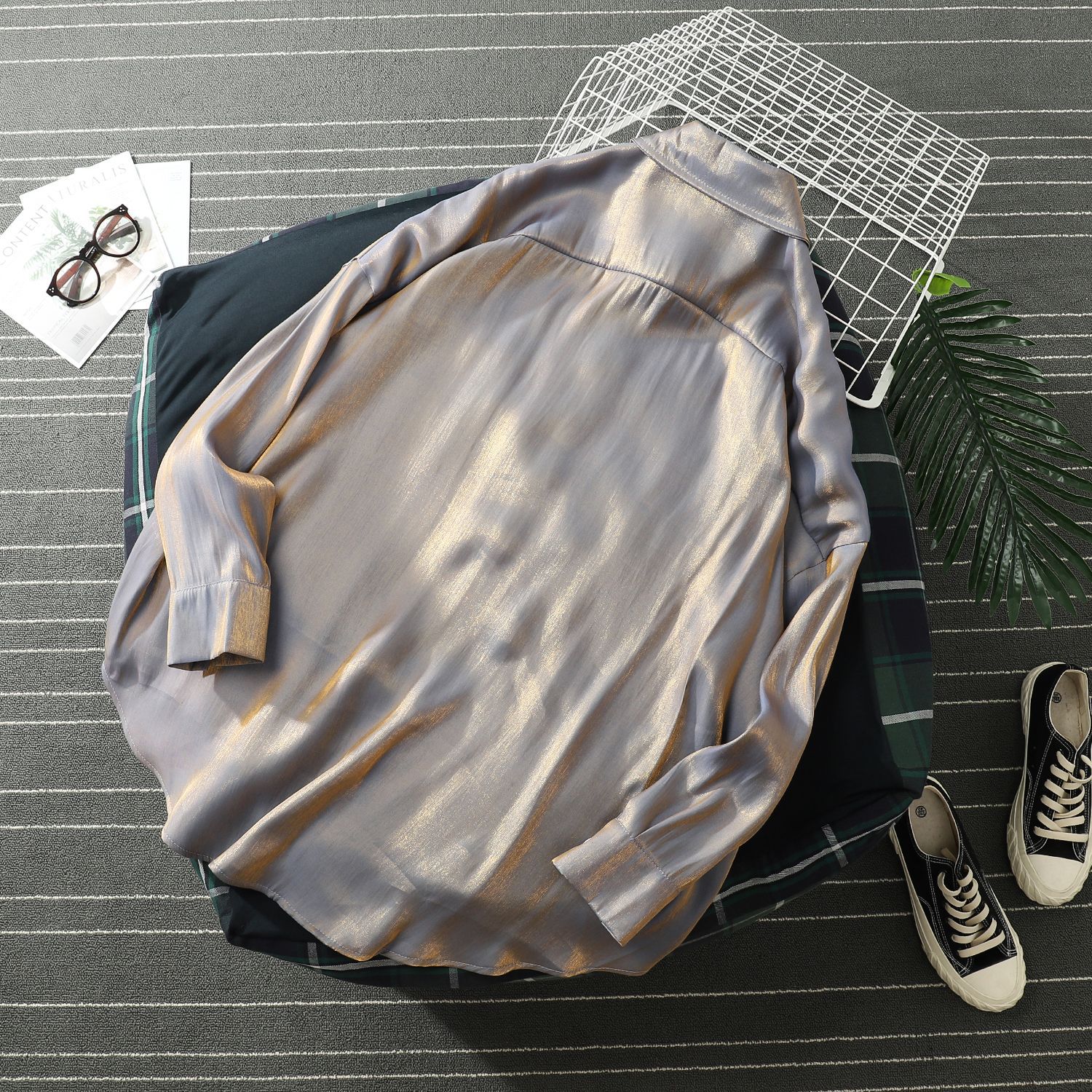 Mercerized Silky Temperament Loose Korean Style Long-sleeved Shirt