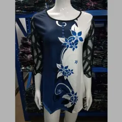 Round Neck Button Personalized Printing Lace Stitching Five-point Sleeve T - Blue And White Strips - View 1