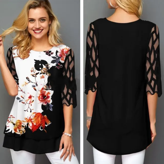 Round Neck Button Personalized Printing Lace Stitching Five point Sleeve T Red Flowers - Shop at LoveMi