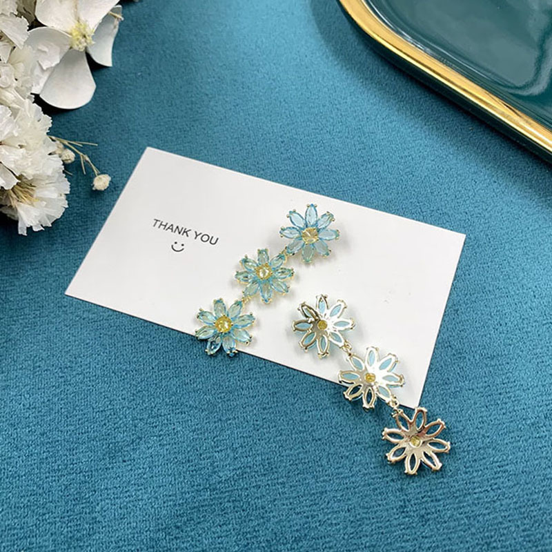 Sun Flower Earrings French Fringed Lake Blue Flowers