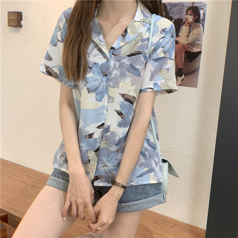 Title 5, Retro Oil Painting Short-sleeved Shirt Women Lo...