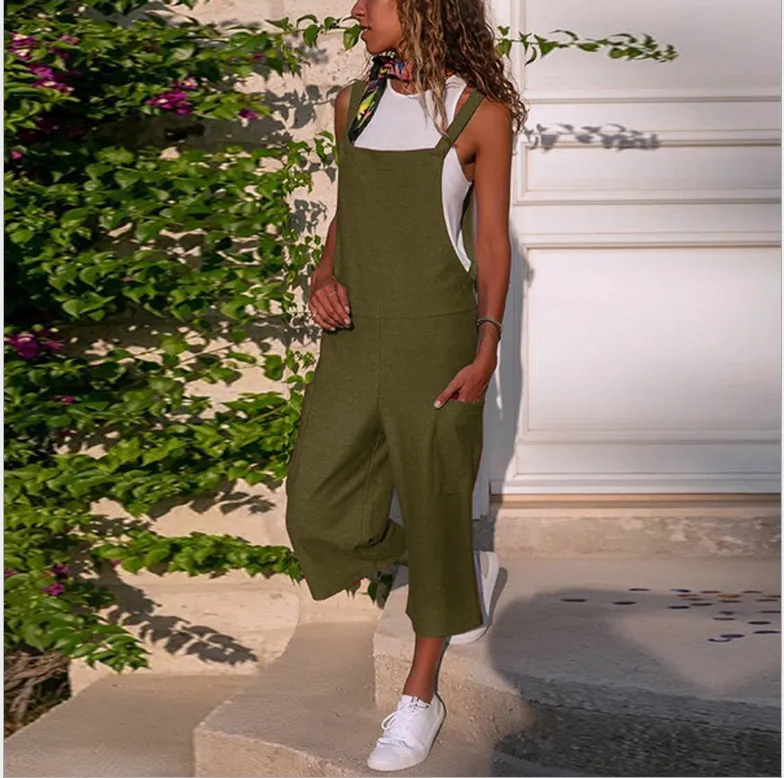 Cotton And Linen Bib Women's Casual Loose Trousers - Green
