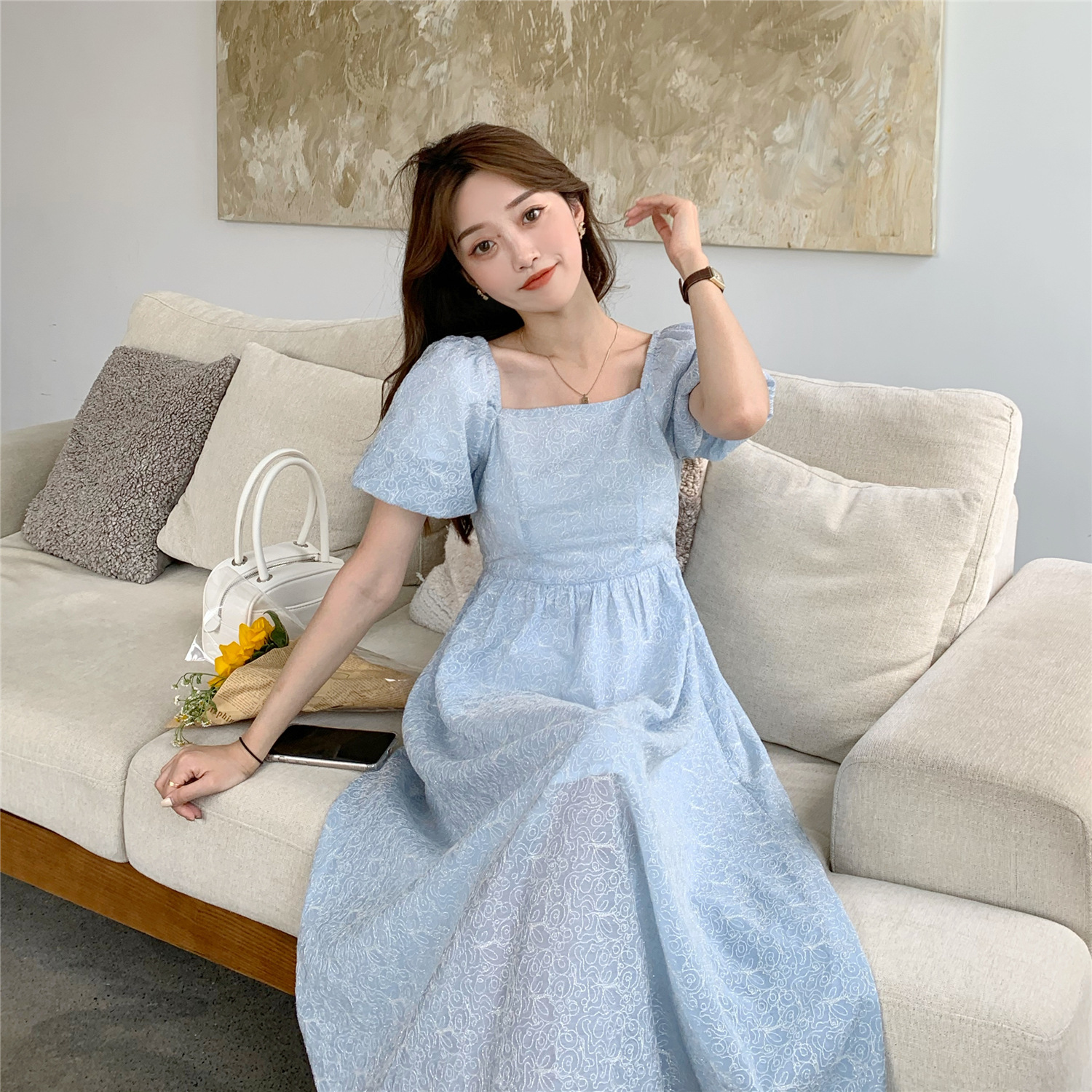 Title 4, Puff Sleeve Blue Dress Women