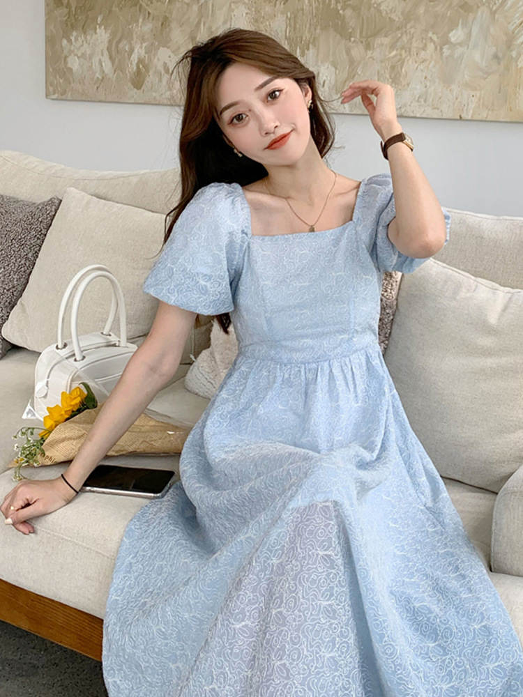 Title 2, Puff Sleeve Blue Dress Women