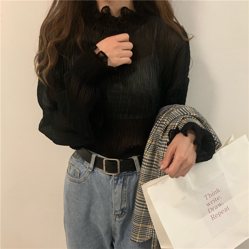 Chiffon Lace Shirt With Wood Ears Pleated Half-high Collar Flared Sleeve Top