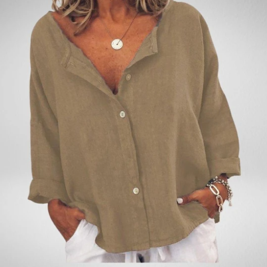 Solid Color V-neck Button Cotton And Linen Long-sleeved Shirt