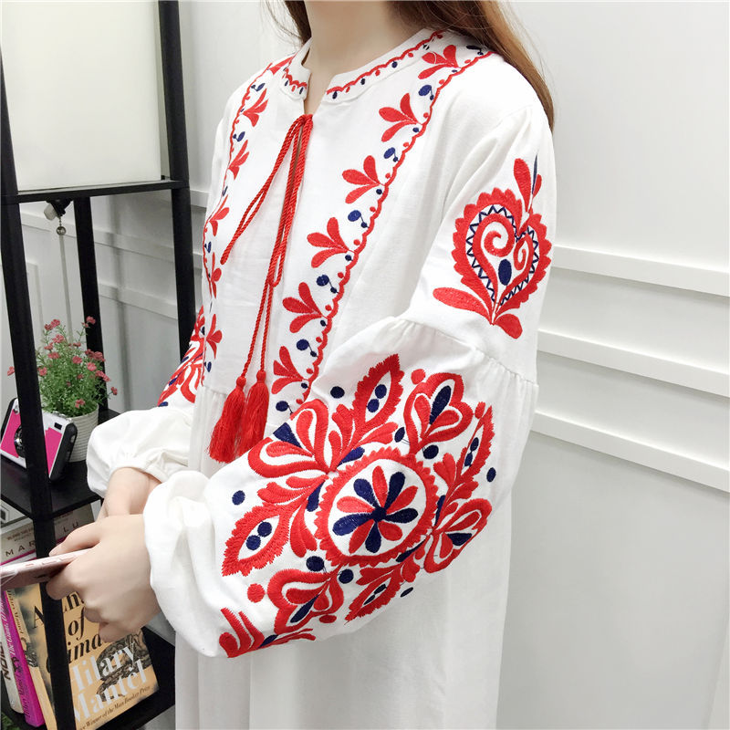Spring And Autumn New Ethnic Embroidery Lace Cotton And Linen Embroidered Long Skirt Loose A-Line Lantern Long Sleeve Dress