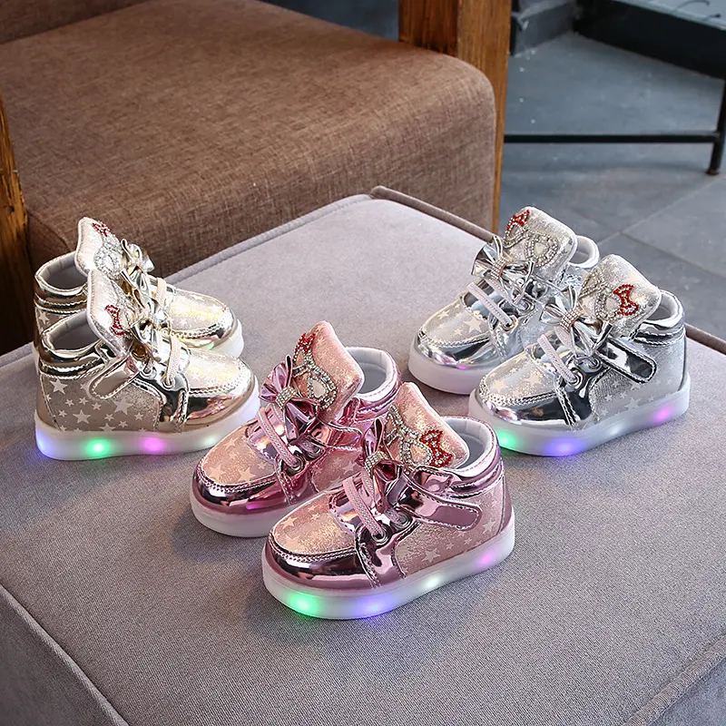Girls Stars Printed Light Board Shoes Rhinestone Zhongbang LED