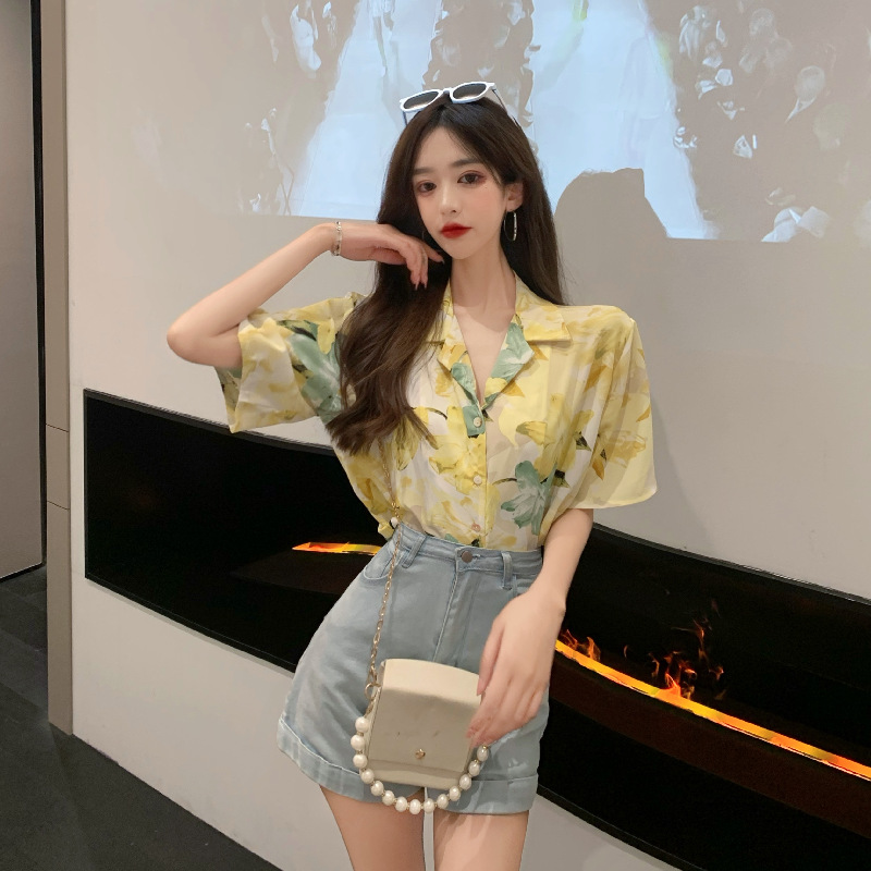 Retro Oil Painting Short-sleeved Shirt Women Loose And Thin Blouse