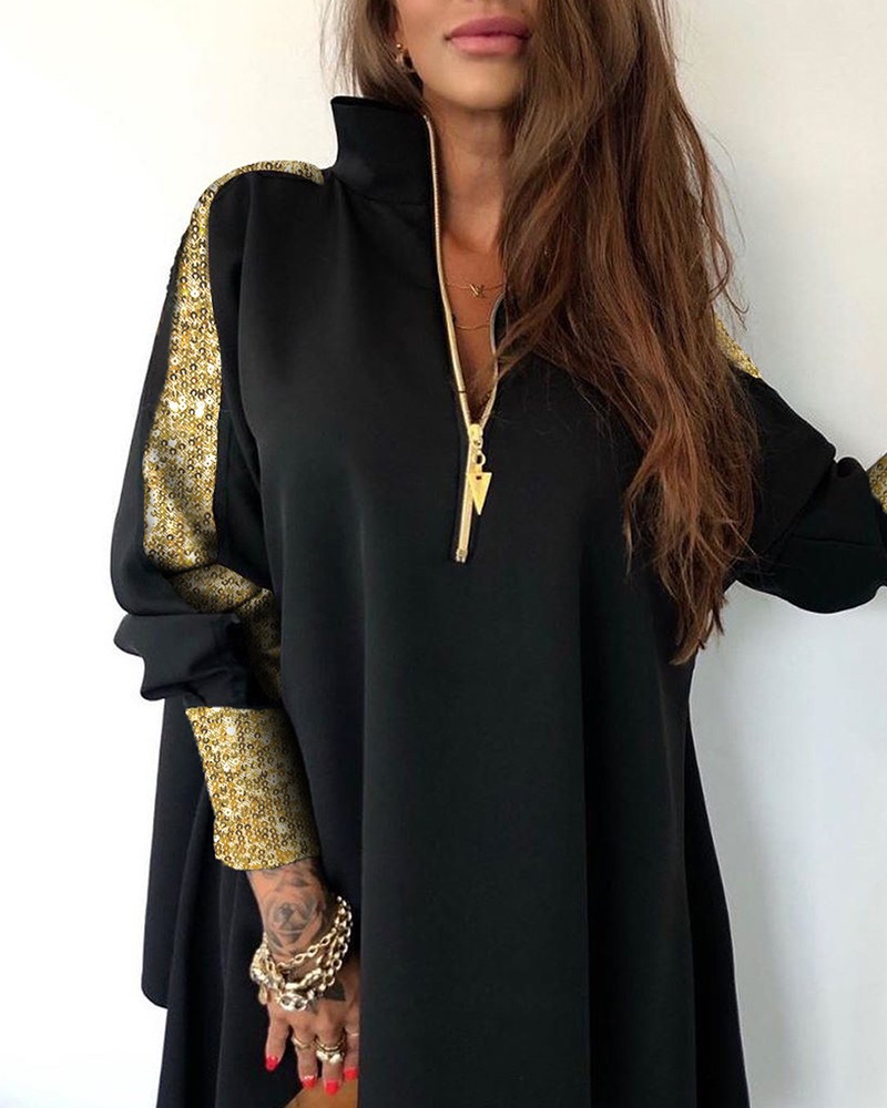 Souly Solid Color Blouse Woman With Sequined Zipper