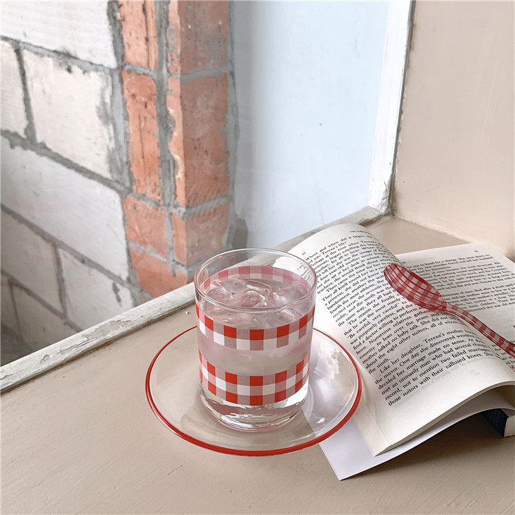 Plaid English Letters Printed Glass Cup And Saucer
