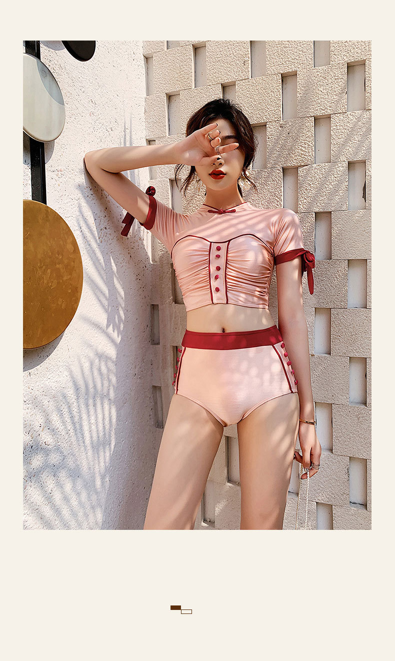 Conservative Split Swimsuit With High Collar And Shoulders