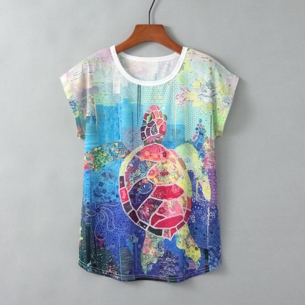 Title 5, Turtle Print Round Neck Short Sleeve Women