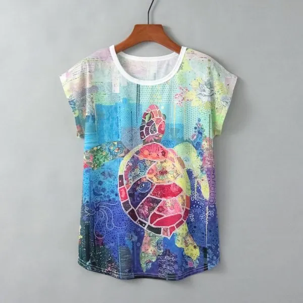 Turtle Print Round Neck Short Sleeve Women K - Shop at LoveMi