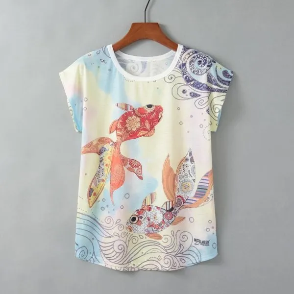 Turtle Print Round Neck Short Sleeve Women - Shop at LoveMi