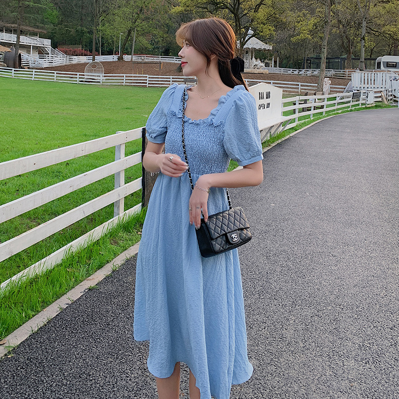 Women'S Pure Color Romantic Lace Stitching Square Collar Princess Sleeve Slim Dress