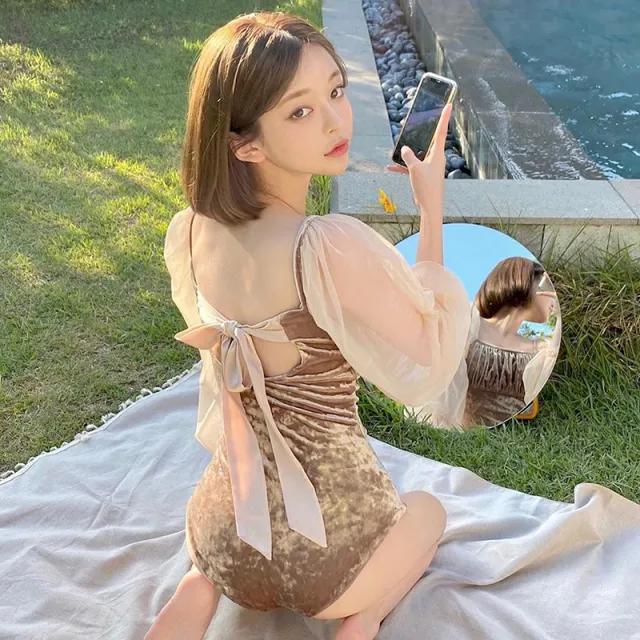 Sisters Pure White Goddess Conservative One piece Halter Skirt Hot Spring Vacation Swimsuit Women Coffee - Shop at LoveMi