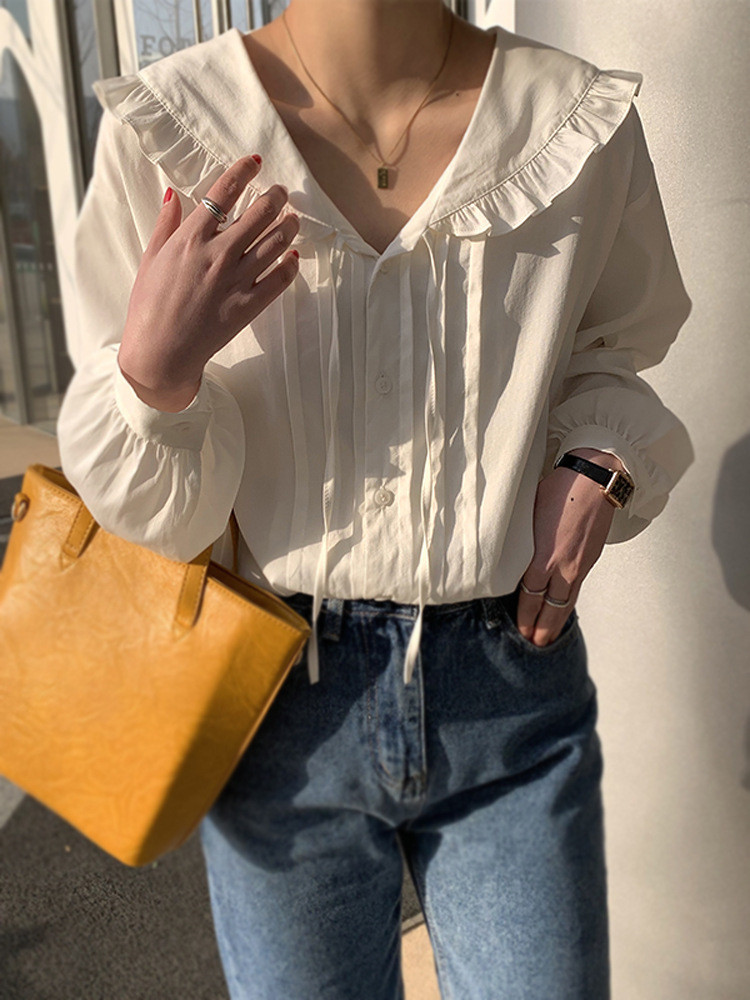 Long Sleeve Ruffle Shirt Bubble Sleeve Top