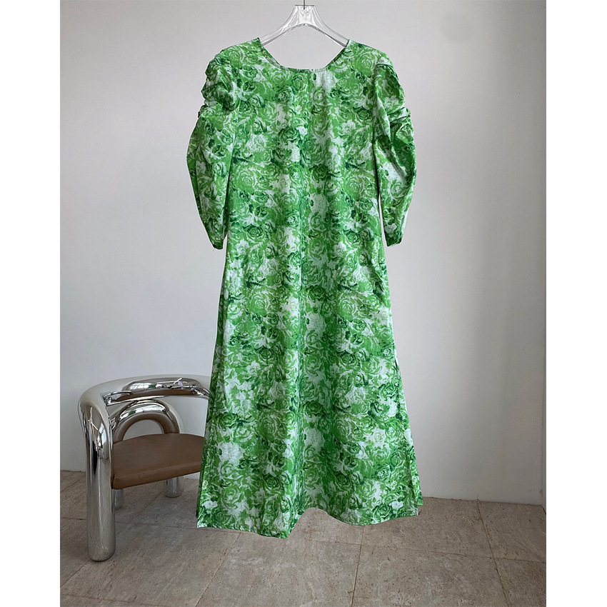 Cool Floral Art Print Dress Retro Puff Sleeves Slimming Long Skirt Women Thin