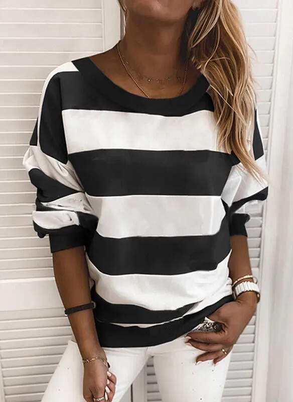 Striped Printed Long Sleeve Top Loose Sweatshirt Black - Shop at LoveMi