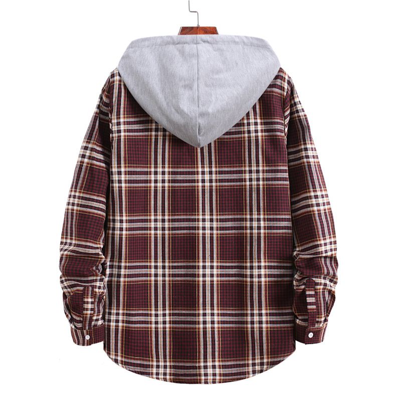 New Men's Long-sleeved Plaid Shirt Korean Youth Casual Loose Hooded Color Matching Shirt For Men