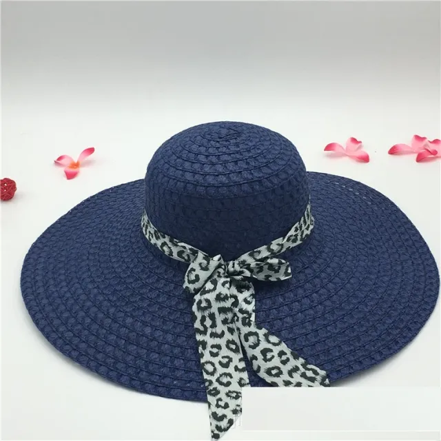 Women's Large brimmed Beach Hat With Bow And Streamer Straw Hat Dark Blue - Shop at LoveMi