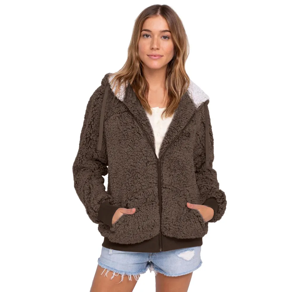 European And American Mixed Color Plush Zipper Jacket - Brown