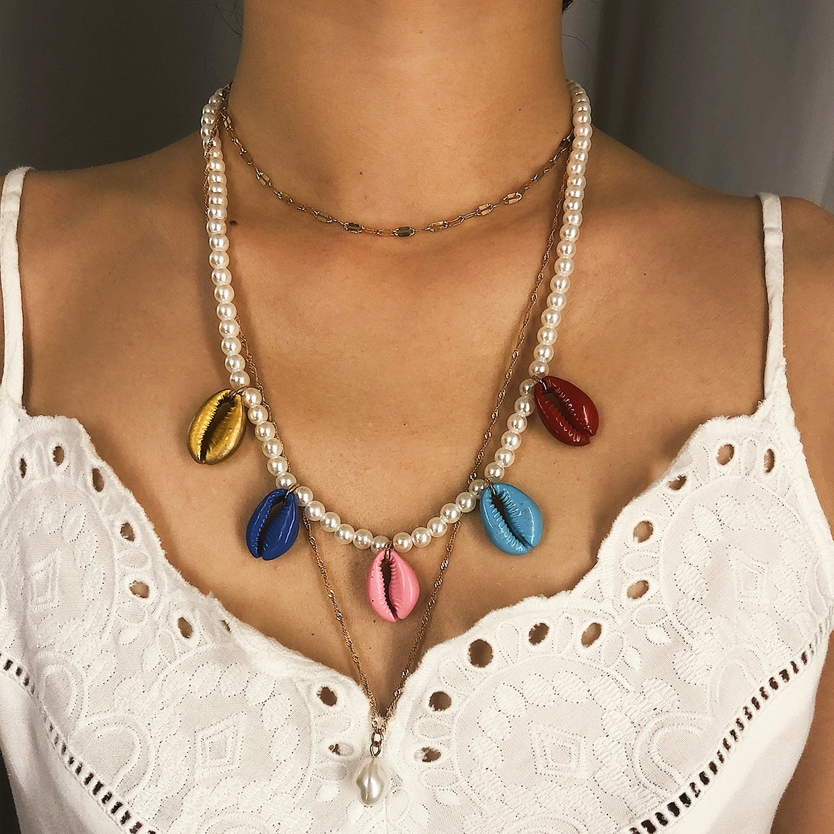 Geometric Pearl Multi-Layer Necklace, Colorful Shell Clavicle Necklace