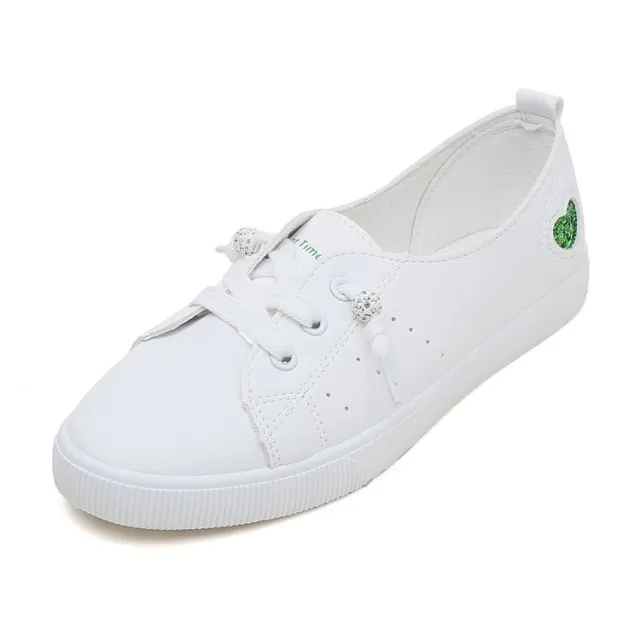 Womens Flat Sneakers Shoes Slip On Lace Up White Heart Cute Green - Shop at LoveMi