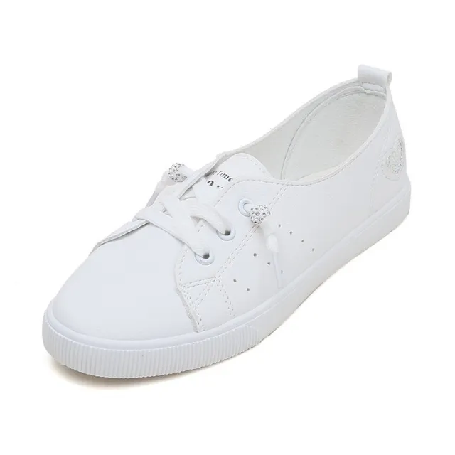 Womens Flat Sneakers Shoes Slip On Lace Up White Heart Cute White - Shop at LoveMi