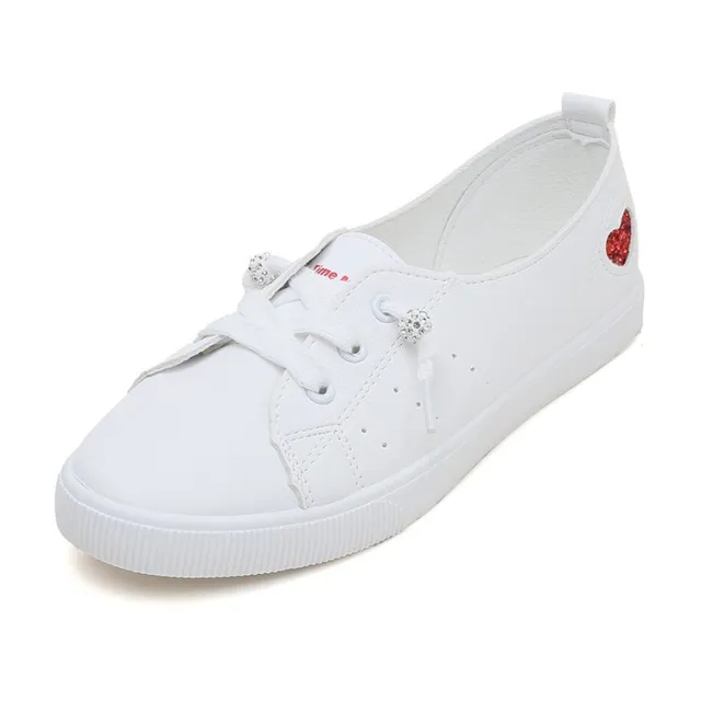 Womens Flat Sneakers Shoes Slip On Lace Up White Heart Cute Red - Shop at LoveMi