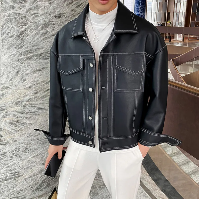 Short Motorcycle Leather Jacket Men's Loose Lapel