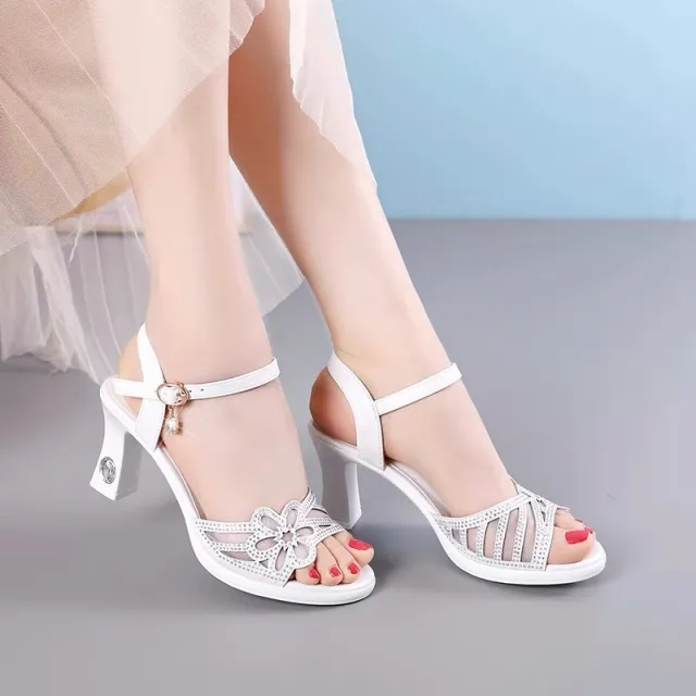 Buckle High Heel Fish Mouth Chunky Heel Sandals White - Shop at LoveMi