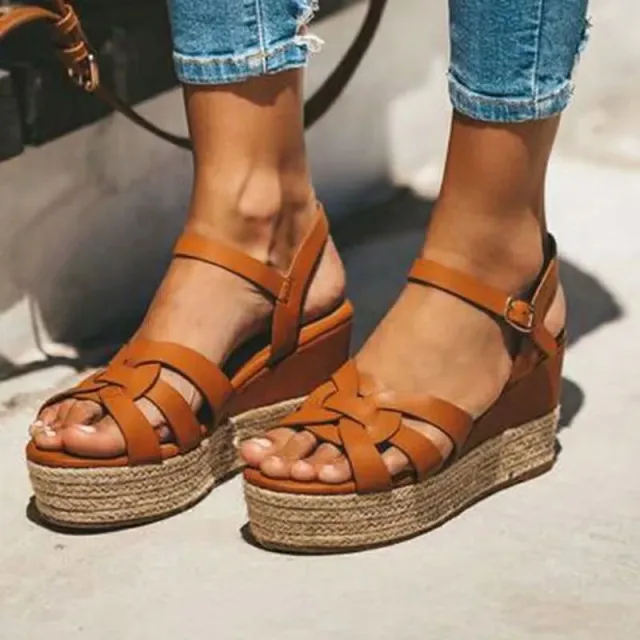 Plus Size Wedge High Heel Sandals Brown - Shop at LoveMi