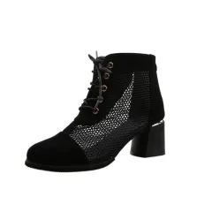 Long Tube Hollow Roman Sandals And Net Boots - Black - View 1